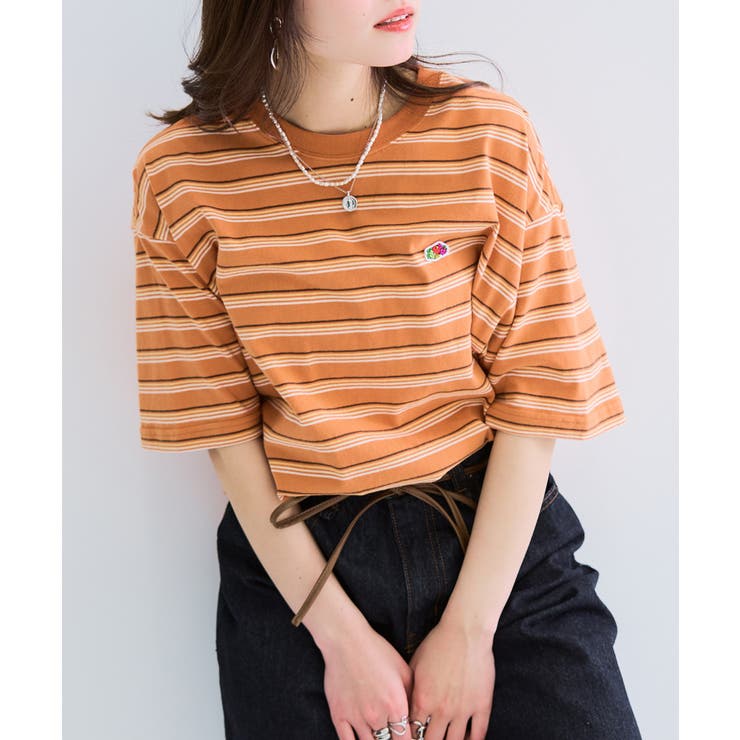 オレンジ | 【FRUIT OF THE LOOM】ピーチ起毛ボーダーTシャツ 袖ワッペン | SETUP7【WOMEN】