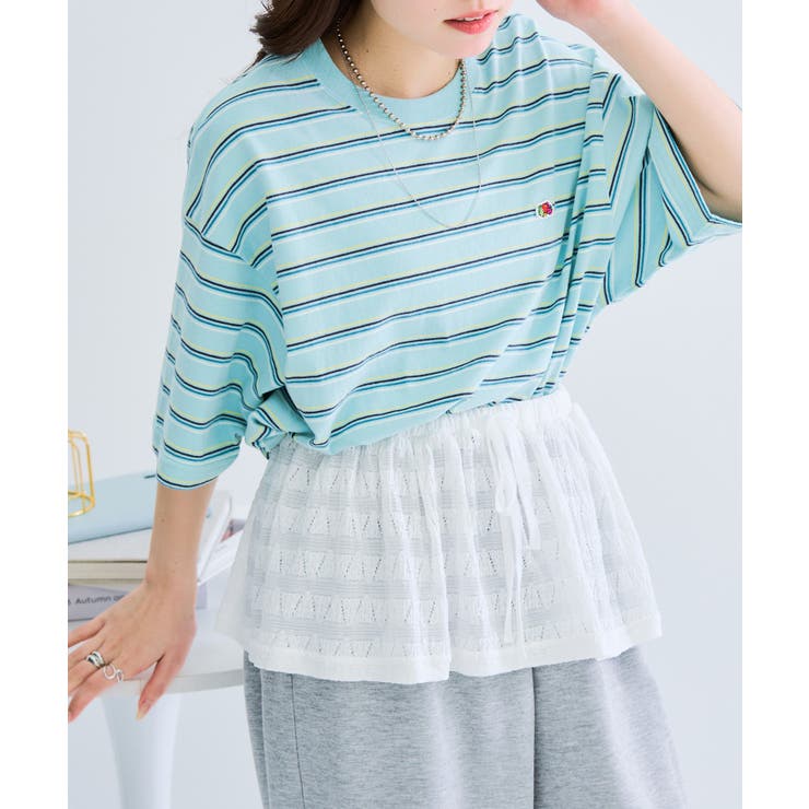 サックスブルー | 【FRUIT OF THE LOOM】ピーチ起毛ボーダーTシャツ 袖ワッペン | SETUP7【WOMEN】