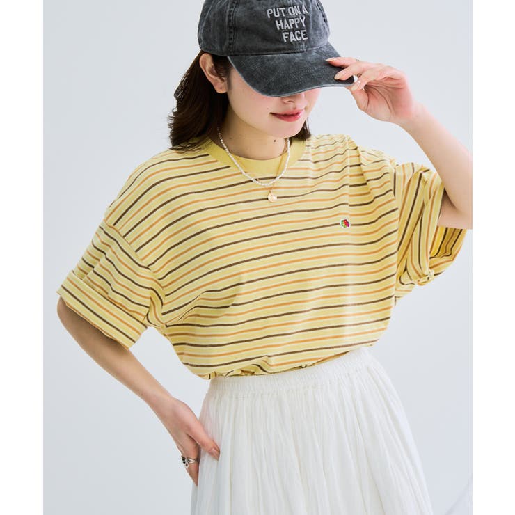 イエロー | 【FRUIT OF THE LOOM】ピーチ起毛ボーダーTシャツ 袖ワッペン | SETUP7【WOMEN】