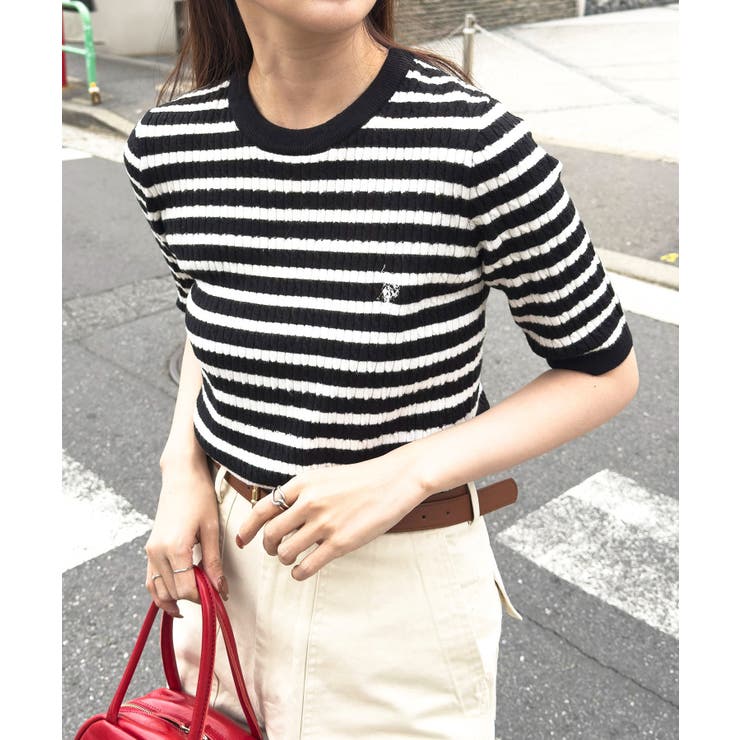 ブラック×ホワイト | 【U.S. POLO ASSN.】ワンポイント刺繍 クルーネックケーブルニット | SETUP7【WOMEN】