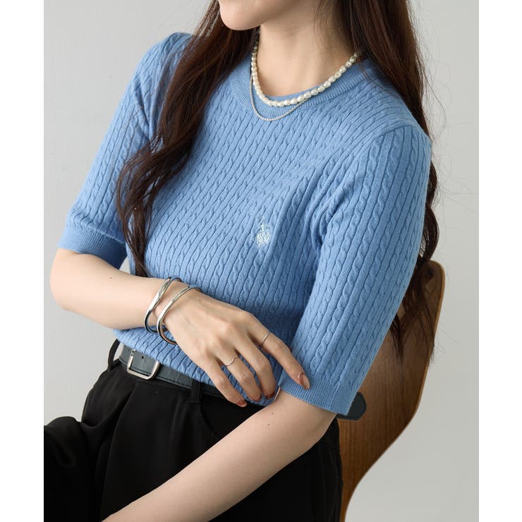 サックスブルー | 【U.S. POLO ASSN.】ワンポイント刺繍 クルーネックケーブルニット | SETUP7【WOMEN】