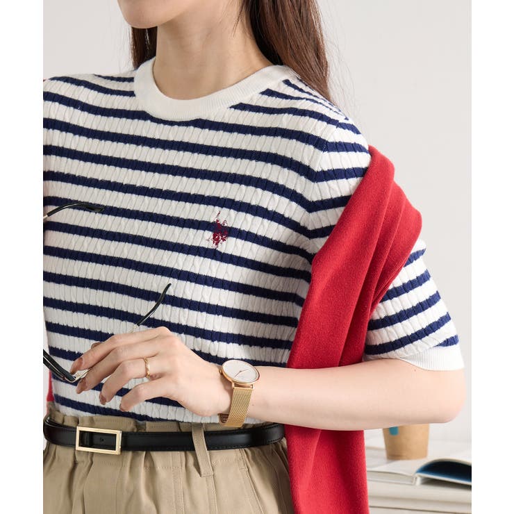 ホワイト×ネイビー | 【U.S. POLO ASSN.】ワンポイント刺繍 クルーネックケーブルニット | SETUP7【WOMEN】