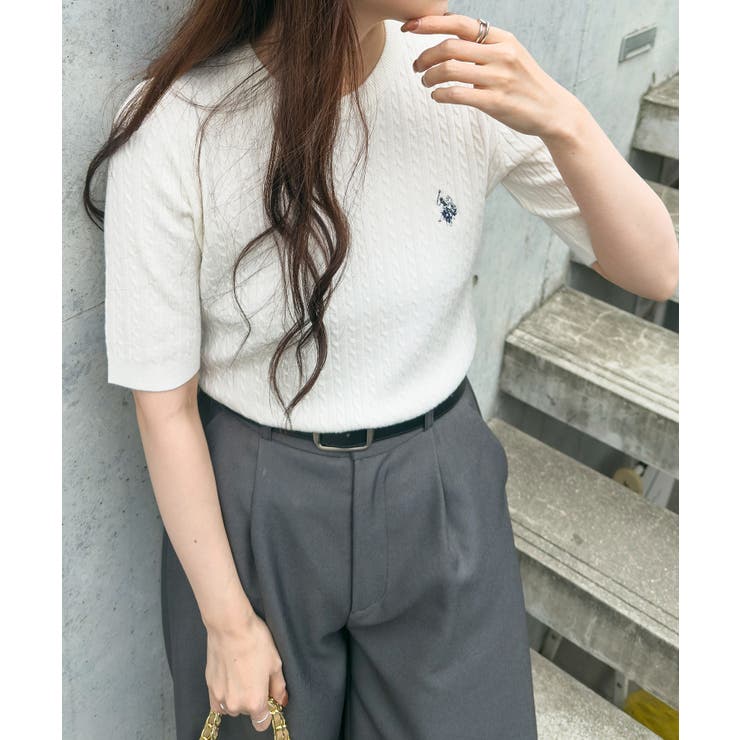 オフホワイト | 【U.S. POLO ASSN.】ワンポイント刺繍 クルーネックケーブルニット | SETUP7【WOMEN】