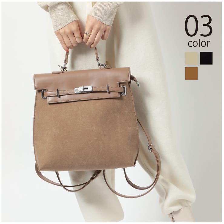 d17【極美品】ケイミー　レザー　ロゴ金具　2way ハンドバッグ　リュック. フェイクレザー2WAYハンドバッグ リュックサック ケリー風バッグ