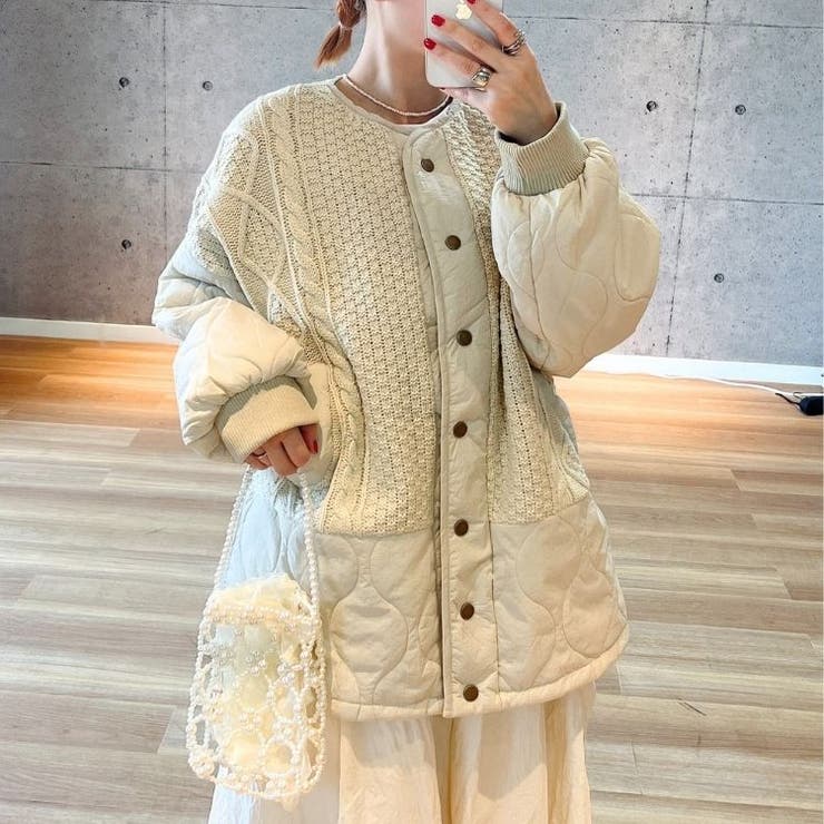 すぐ発送可能！！　ニットドッキング　ホワイトジャケット ケーブル編みドッキングニットアウター カジュアル ゆったり[品番