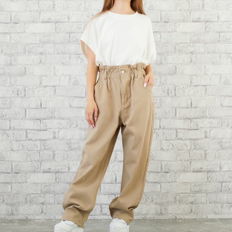 202543 ウエストギャザーストレートパンツ レディースファッション