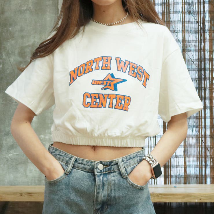 311779 NORTH WEST着抜プリント天竺ショート丈裾ゴム半袖Tシャツ[品番 
