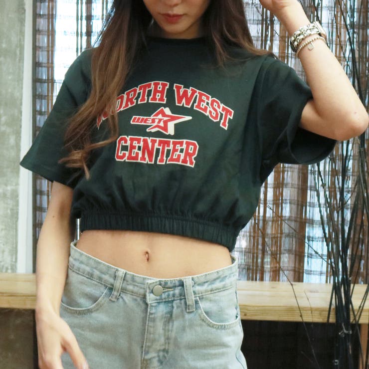 311779 NORTH WEST着抜プリント天竺ショート丈裾ゴム半袖Tシャツ[品番 