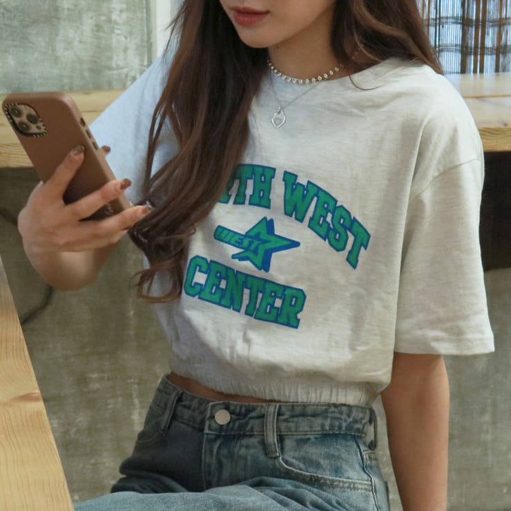 311779 NORTH WEST着抜プリント天竺ショート丈裾ゴム半袖Tシャツ