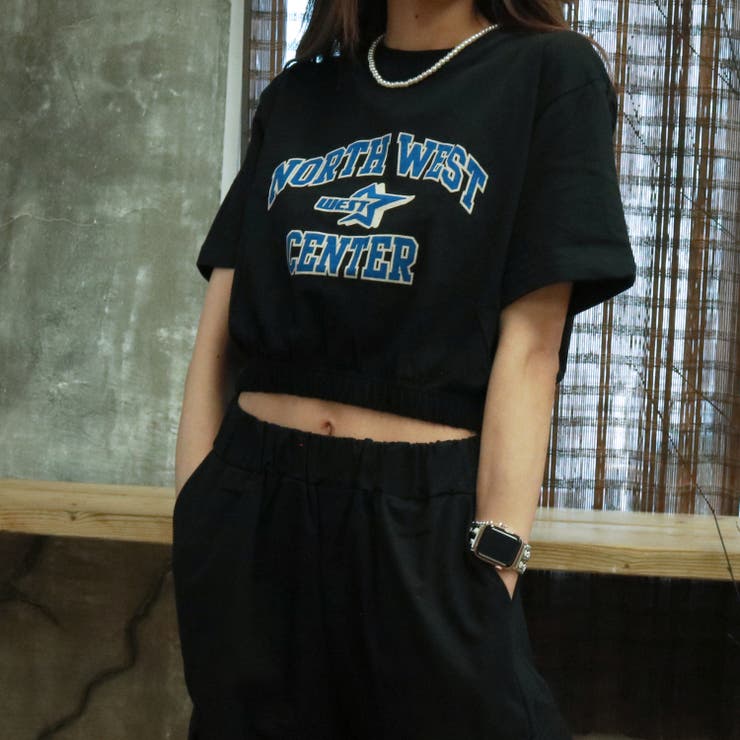 311779 NORTH WEST着抜プリント天竺ショート丈裾ゴム半袖Tシャツ[品番 
