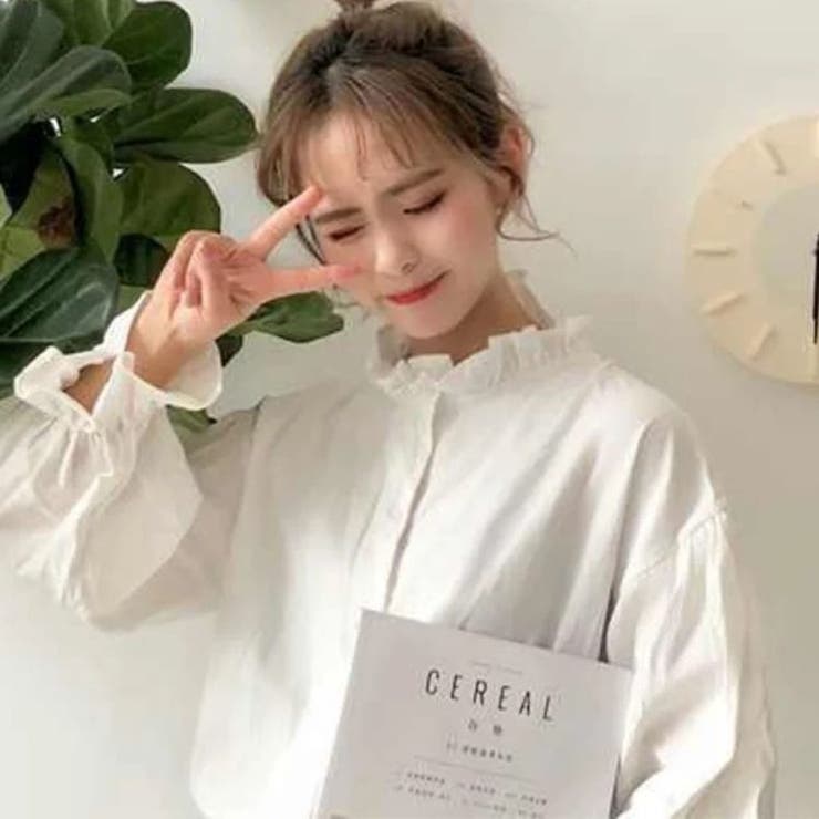 ホワイト | リブフリルブラウス カジュアル ガーリー シャツ レディース | sevens