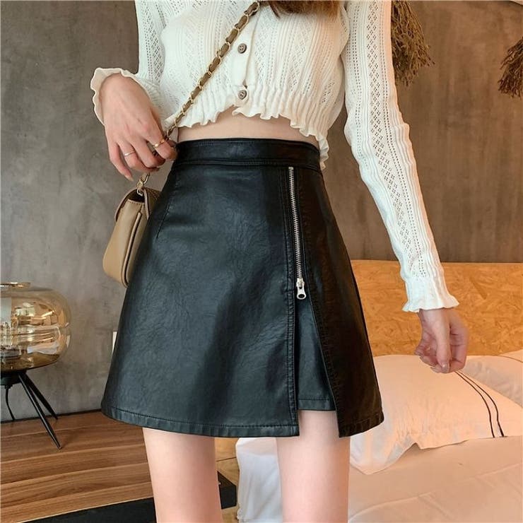 【人気急上昇】 フェイクレザーZIPミニスカート ストリート[品番 韓国 Lサイズ
