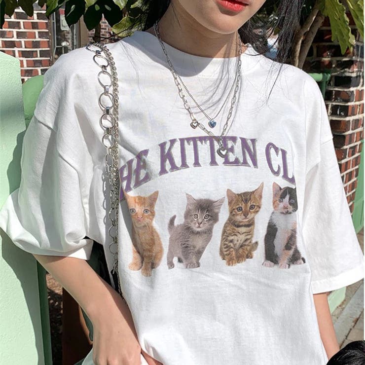 4キャットプリントTシャツ 韓国 カジュアル Y2K ストリート