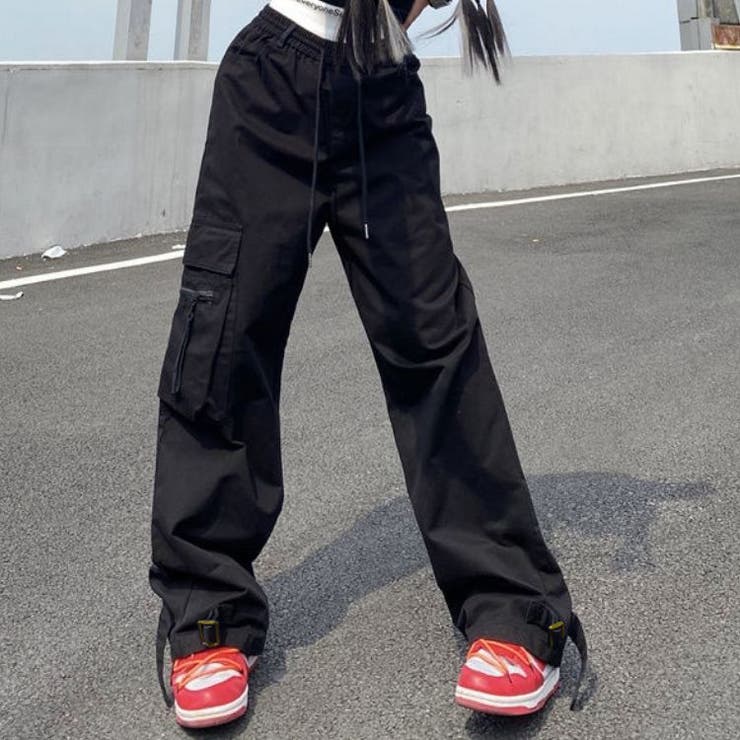 裾ベルトカーゴパンツ 韓国 ストリート レディース ルーズ