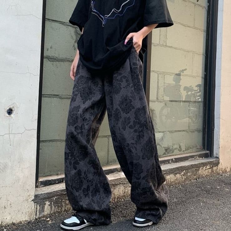 フラワー柄ワイドストリートパンツ ストリート メンズライク