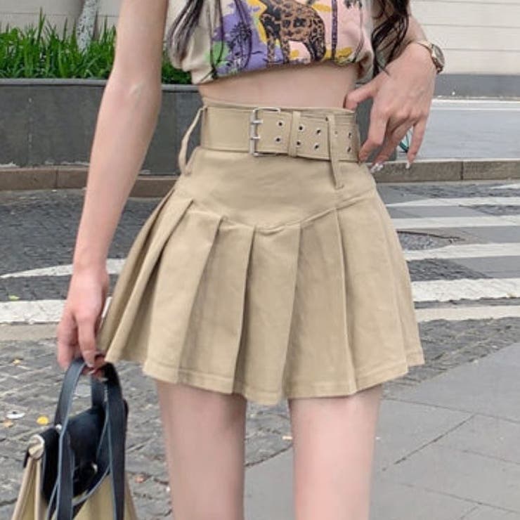 ベルト太プリーツスカート 韓国 ミニスカート カジュアル ガーリー