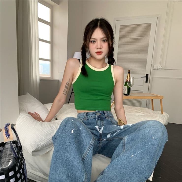 リンガータンクトップ 韓国 海外 クロップド丈 レディース 衣装 ダンス