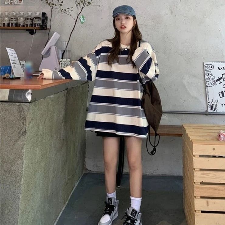 太ボーダーオーバーサイズロンT 韓国 ストリート[品番