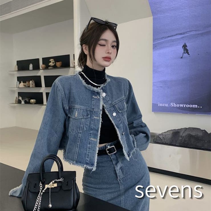 ダメージ短丈デニムジャケット 韓国 ストリート[品番