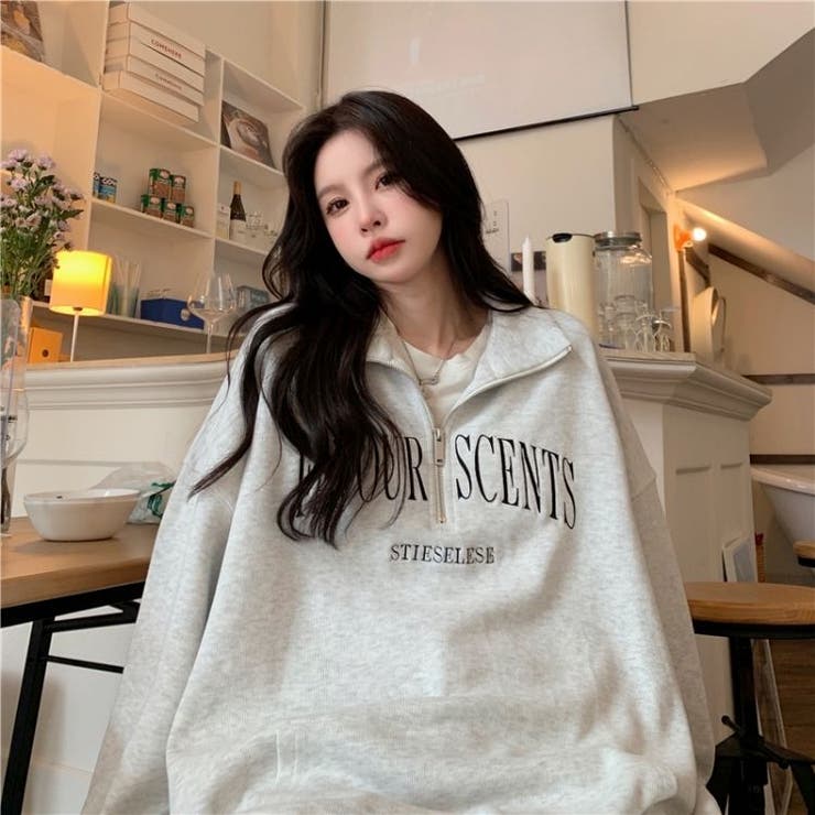 カレッジロゴハーフジップスウェット 韓国 ストリート[品番