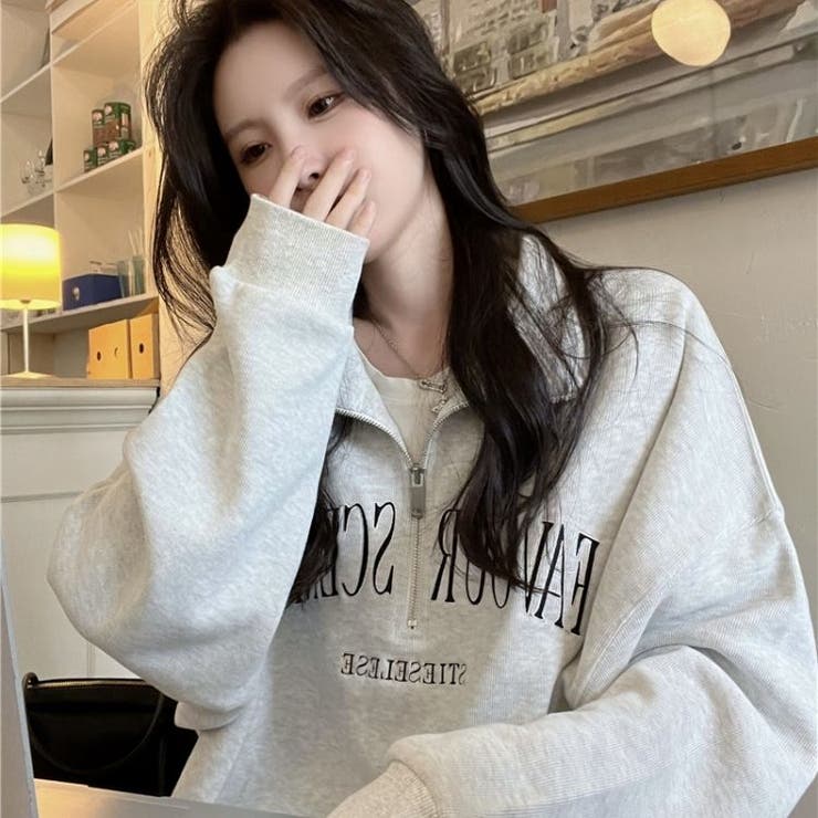 カレッジロゴハーフジップスウェット 韓国 ストリート[品番