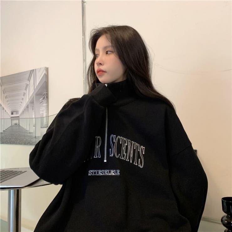 カレッジロゴハーフジップスウェット 韓国 ストリート[品番