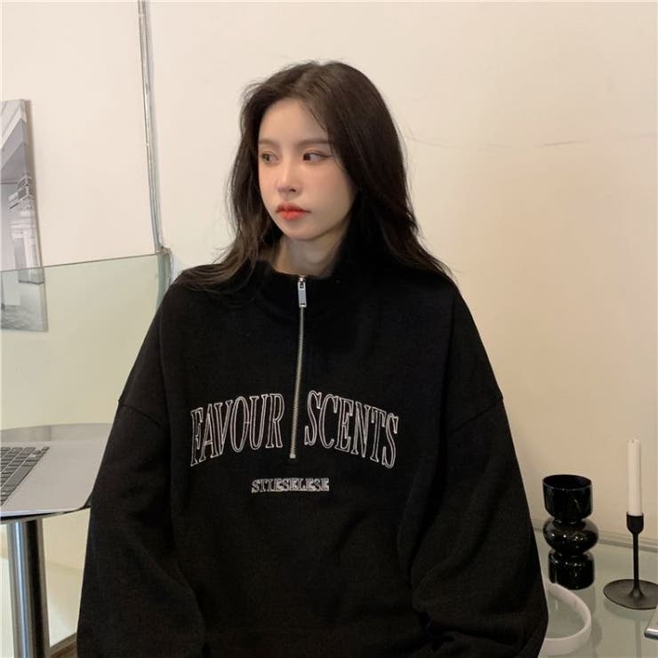 カレッジロゴハーフジップスウェット 韓国 ストリート[品番