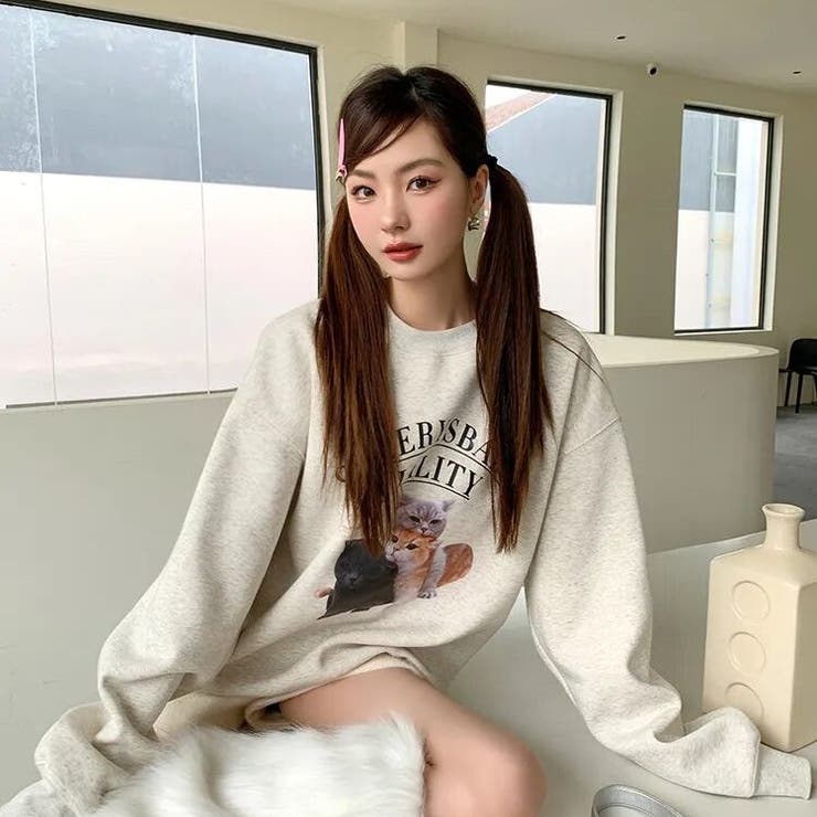 キャットプリントスウェット トレーナー 韓国 ストリート