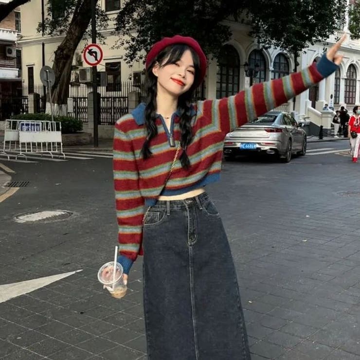 ボーダーポロニット 韓国 ストリート ショート丈 短丈