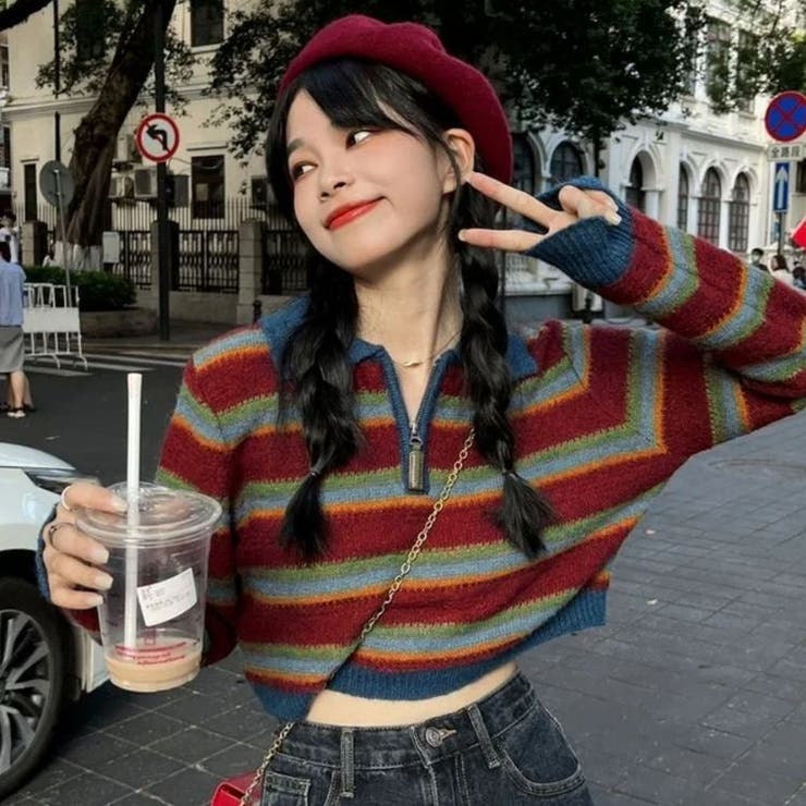 ボーダーポロニット 韓国 ストリート ショート丈 短丈 レディース[品番