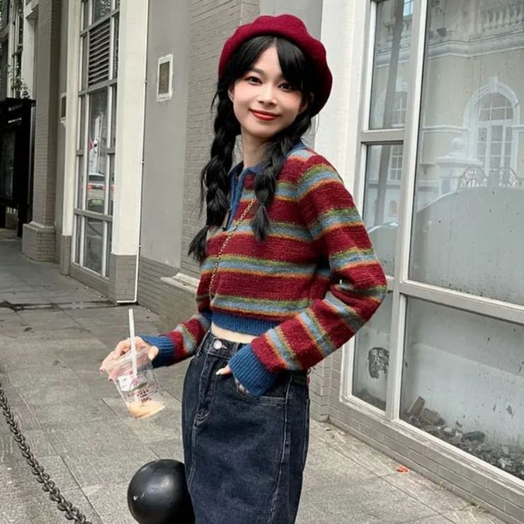 ボーダーポロニット 韓国 ストリート ショート丈 短丈 レディース[品番