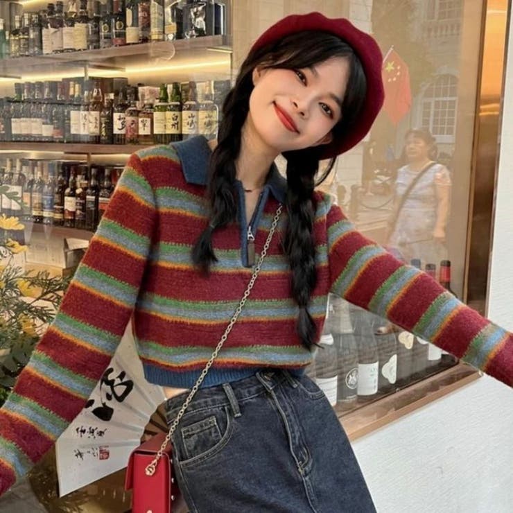 ボーダーポロニット 韓国 ストリート ショート丈 短丈