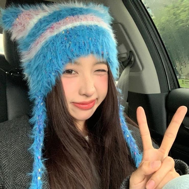 ネコミミもけもけボーダーニットキャップ 韓国 ストリート[品番