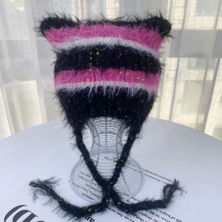 ネコミミもけもけボーダーニットキャップ 韓国 ストリート[品番