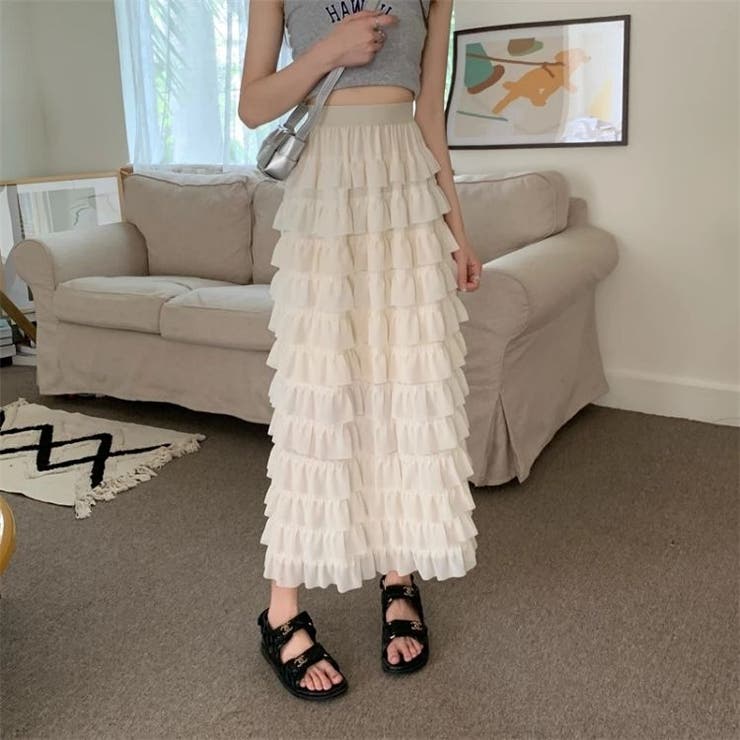 ホワイトフリルロングスカート ホワイトフリルロングスカート 前後2Wayランダムフリルロング