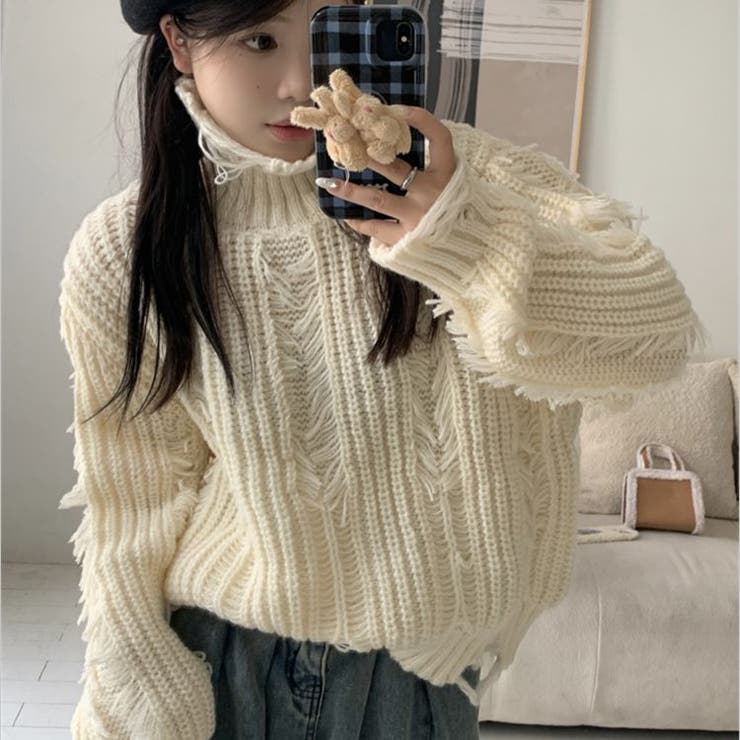 シャギーダメージニット 韓国 セーター トップス レディース