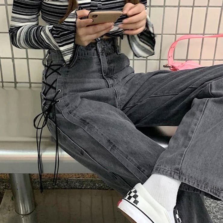 サイドリボンデニムパンツ 韓国 ストリート リボンモチーフ