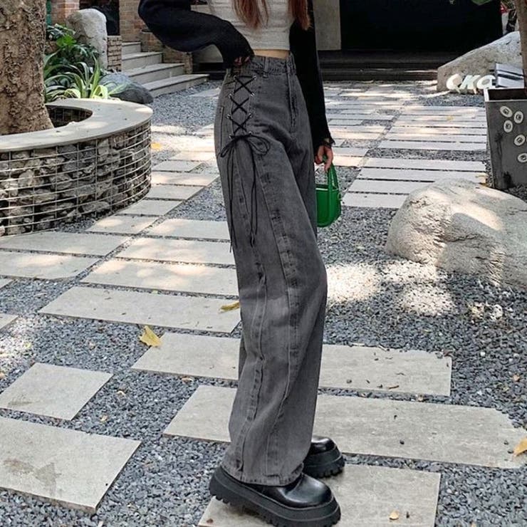サイドリボンデニムパンツ 韓国 ストリート リボンモチーフ