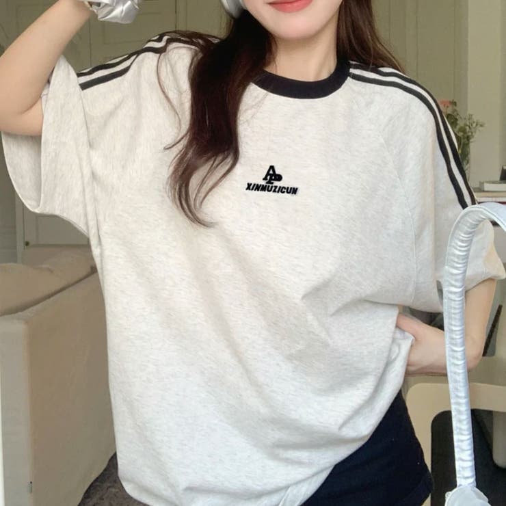 tシャツ 韓国ファッション ウェーブカット配色ラインカットソー レディース FUNALIVE tシャツ 韓国スポーツテイストロゴ 袖ライン入りV襟