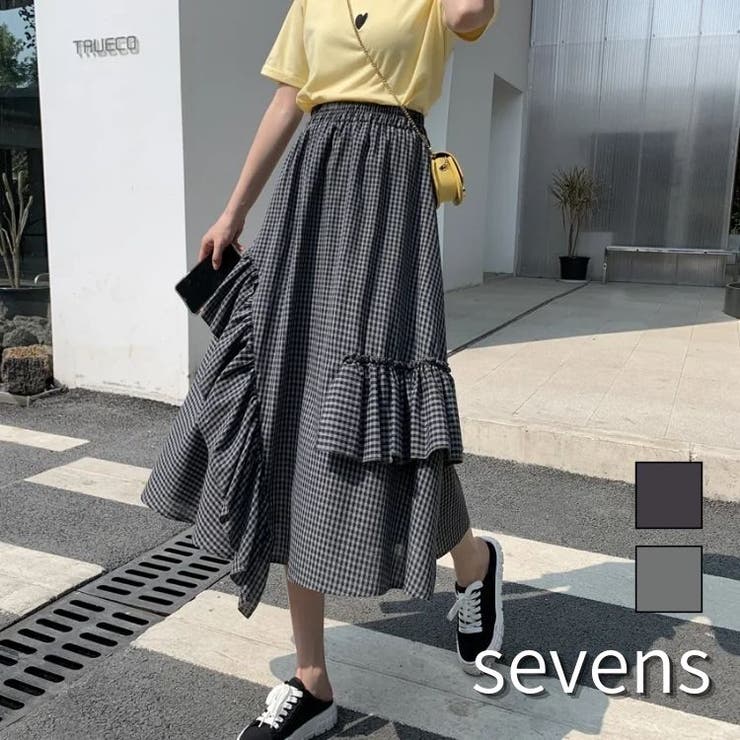 リメイク風フリルチェックスカート ガーリー レディース ロング ミモレ