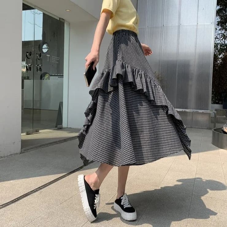 リメイク風フリルチェックスカート ガーリー レディース ロング