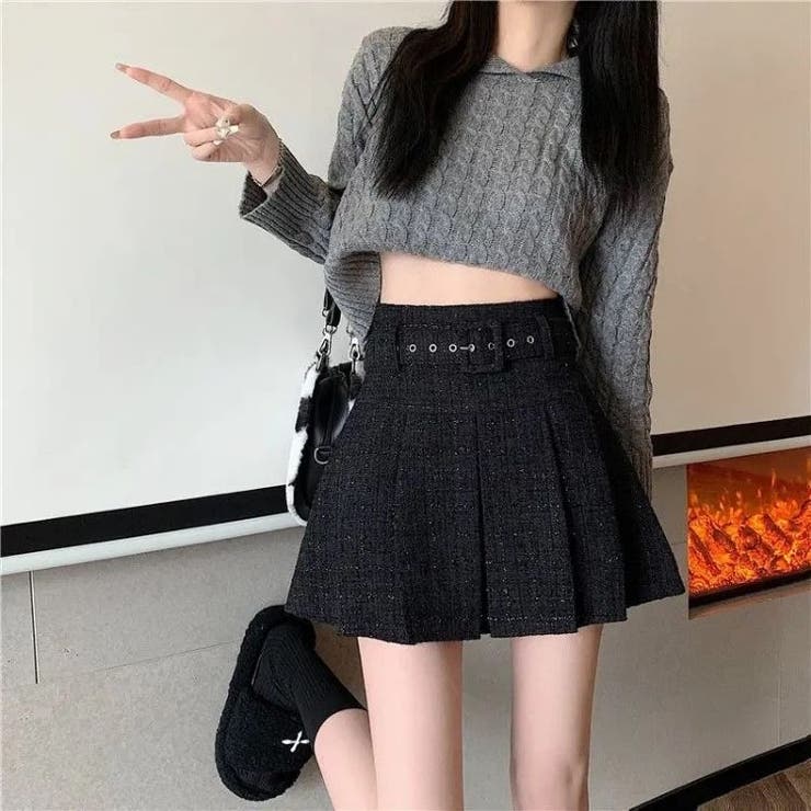 ベルト付きプリーツミニスカート 韓国 Y2K レディース