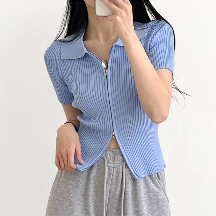 新品タグ付きＳサイズのトップス ZIP襟半袖トップス 韓国 ストリート ダブルジップ レディース 短