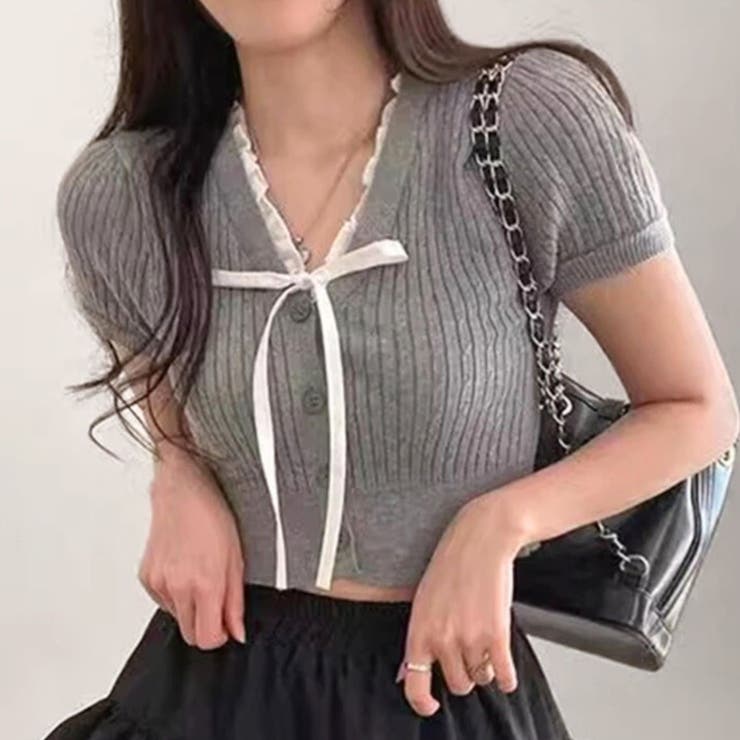 フロントリボン半袖ニットトップス 韓国 ガーリー [品番：ATYW0002551