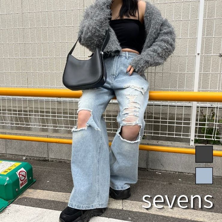 ダメージグレーワイドデニムパンツ エモダ ダメージ加工 ダークグレー