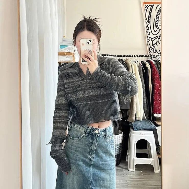 フリンジニットトップス 韓国 レディース ダメージ加工 Y2K 海外