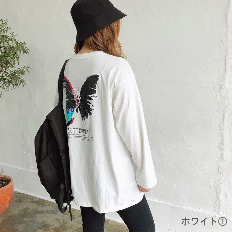 バタフライプリントルーズTシャツ ロンT 韓国ファッション[品番