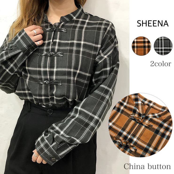 チェック柄チャイナ釦シャツ 秋 冬[品番：SHNW0002594]｜SHEENA