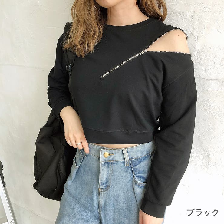 アシメショルダーZIPショートトップス 秋 冬[品番：SHNW0002835