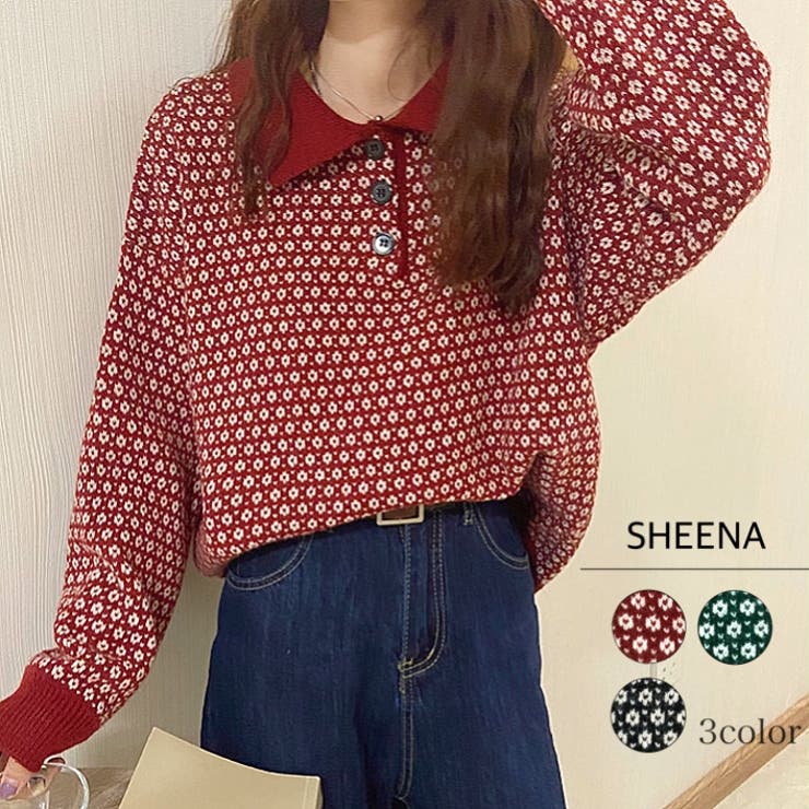 小花柄衿付きニットトップス 秋 冬[品番：SHNW0003788]｜SHEENA